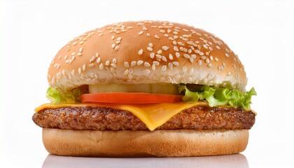 fresh fast food burger with sesame seed bun white background