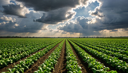 Le champ d'&eacute;pinards sous le ciel nuageux