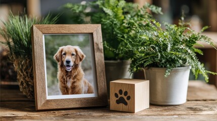 A framed portrait of a golden retriever sits among potted plants and a paw print block, creating a warm and comforting memorial scene.