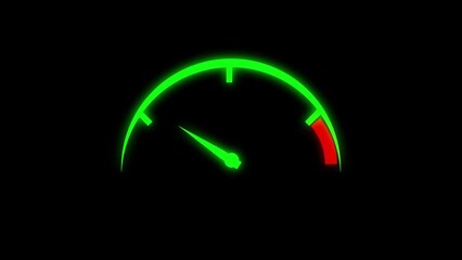Glowing green speedometer gauge with needle pointing towards the center against a black background with a red zone