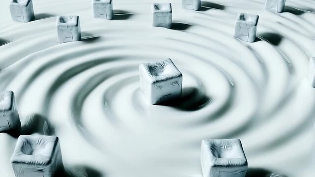 3D render of abstract indented textured cubes in concentric ripples of white liquid