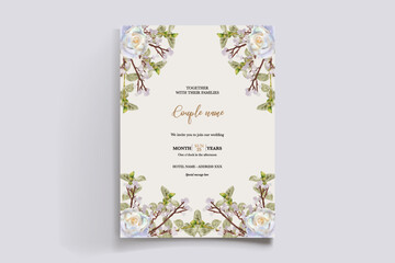 WEDDING INVITATION FRAME WITH FLOWER DECORATIONS AND FRESH LEAVES