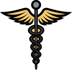 Bold caduceus medical symbol with golden wings and black snake health care style vector illustration EPS file download