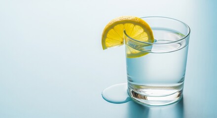 Refreshing Glass of Water with Lemon Slice and Spilled Drops on Blue Background – Hydration Concept, Clean Living, Minimalist Wellness Aesthetic with Citrus for Health and Simplicity