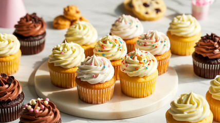 A close-up photograph of an assortment of cupcakes and desserts arranged on a white surface.