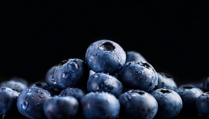 close up view of fresh blueberries on black background