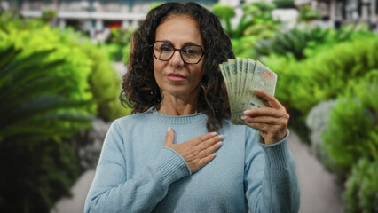 Woman in garden holds argentine pesos to chest, symbolizing pride and prosperity outdoors.
