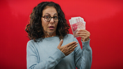 Woman holding icelandic banknotes on isolated red background, expressing curiosity with middle age...