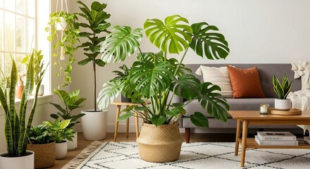 Fototapeta premium Vibrant indoor jungle oasis with lush green plants creating a serene, modern living room atmosphere.