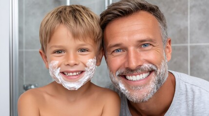 Father and son sharing a playful moment while applying shaving cream in bathroom