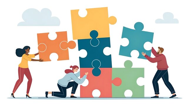 Team of people assembling large colorful jigsaw puzzle pieces on a white background with clouds above