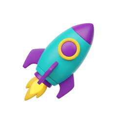 Fototapeta premium 3d icon of a colorful 3d cartoon rocket blasting off with fire and smoke, isolated on transparent background