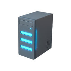 Modern computer server tower with blue glowing lights isolated on transparent background
