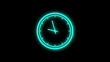 Glowing teal clock graphic on black background showing time with hour and minute hands and minute markers