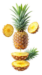 flying pineapple slices isolated on transparent white background, clipping path