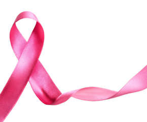 Pink ribbon against a black backdrop, a symbol of breast cancer awareness and support.