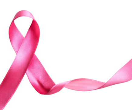 Pink ribbon against a black backdrop, a symbol of breast cancer awareness and support.