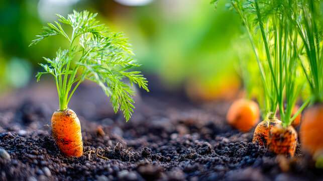 Growing carrots in rich, dark soil in a vibrant garden setting