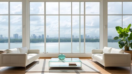 Modern living room with panoramic water and city views