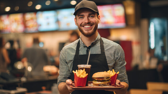 young smiling male waiter holds out tray with hamburger and french fries, fast food restaurant employee, cashier, junk food, meat, burger, guy works part-time in cafe