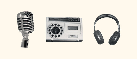 Vintage retro music halftone set. Karaoke collage collection with vinyl, headphones, player. Grunge equipment, modern disco elements for sing poster, podcast. Trendy isolated vector illustration.