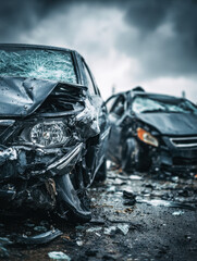 Damaged vehicles after a severe collision on a rainy day