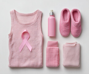 Breast cancer awareness concept with a pink ribbon and accessories on white