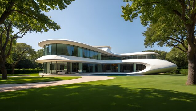 Modern organic architecture home with curved white exterior and lush green surroundings
