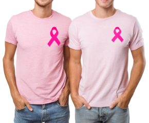 Two men wearing pink shirts with breast cancer awareness ribbons