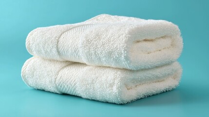 Two folded white towels on teal background