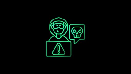 Green Outline Hacker Icon with Skull Speech Bubble and Warning Sign on Laptop Against Black Background