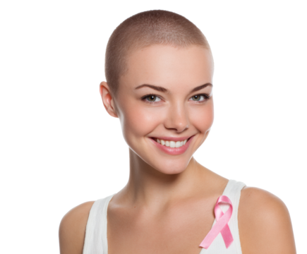 A beautiful woman smiles, displaying a pink ribbon to honor breast cancer awareness and support.