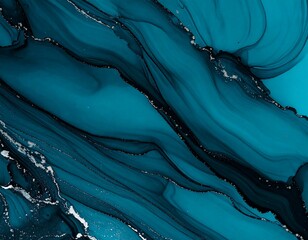 Teal and black abstract fluid art with silver accents