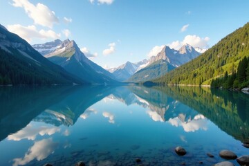 Fototapeta premium Breathtaking panoramic view of mountains mirrored in tranquil lake waters, nature, water, mountain