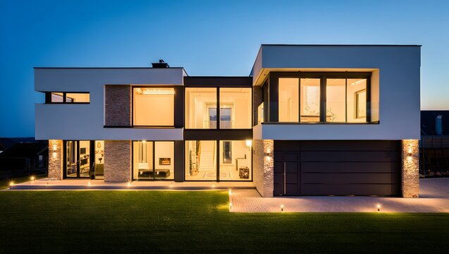 Modern architectural masterpiece illuminated at dusk with warm interior lighting