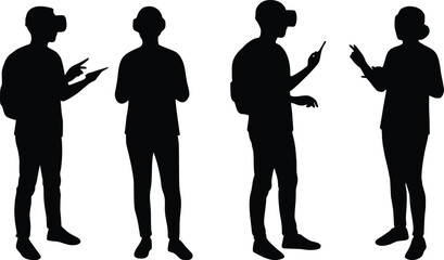 Vector art of silhouette of people using vr headset isolated on white background