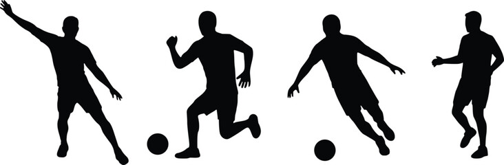 Vector art of silhouette of soccer players kicking the ball isolated on white background