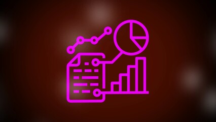Pink data analysis icons on a brown gradient background including line graph pie chart bar graph and document