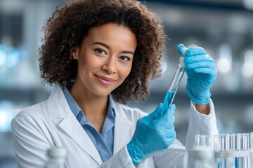 Scientist holding test tube smiling in laboratory research setting