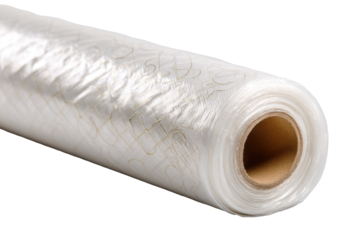 Rolled-up sheet of translucent plastic wrap with a subtle design