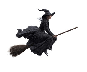 A witch in a black dress flies on her broomstick for Halloween
