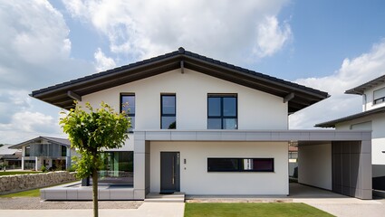 Modern white two story house with carport and greenery under blue sky