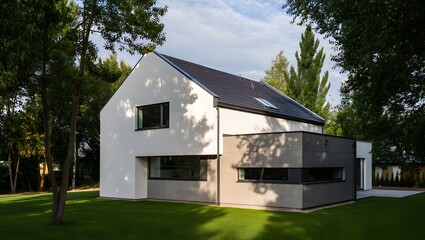 Modern white house with dark accents surrounded by lush green trees