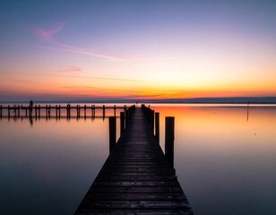 Obraz premium Wooden pier at sunrise over calm lake