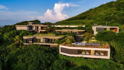 Naklejka premium Luxurious modern villas nestled on a lush green tropical hillside