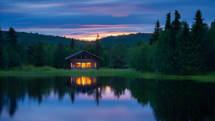 Fototapeta premium Cozy log cabin nestled beside a serene lake at dusk
