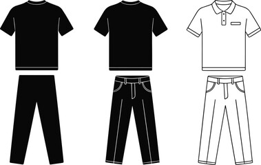 CAD drawing flat vector illustration of men's clothing sets, including t-shirts, polo shirts, and trousers, in both solid black and outline versions, for Adobe Stock.