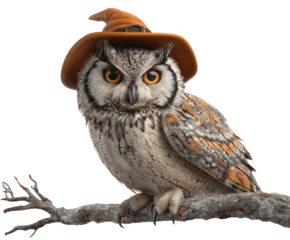 A whimsical owl wearing a witch's hat, ready for a spooky Halloween.