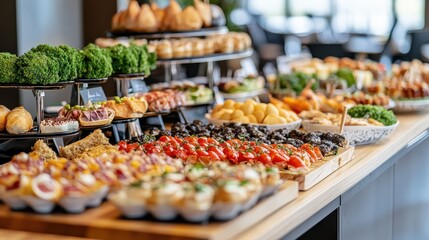 Obraz premium Colorful Buffet Display of Appetizers and Small Dishes