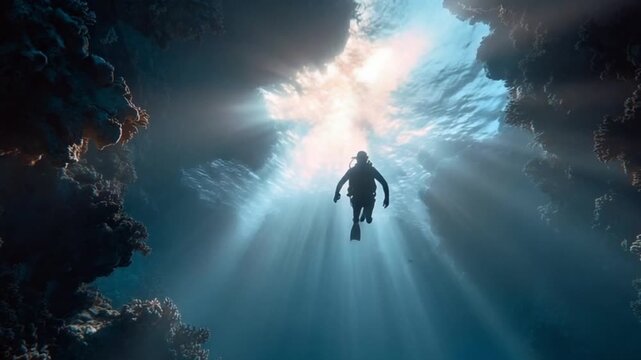 Underwater diver exploring a coral reef